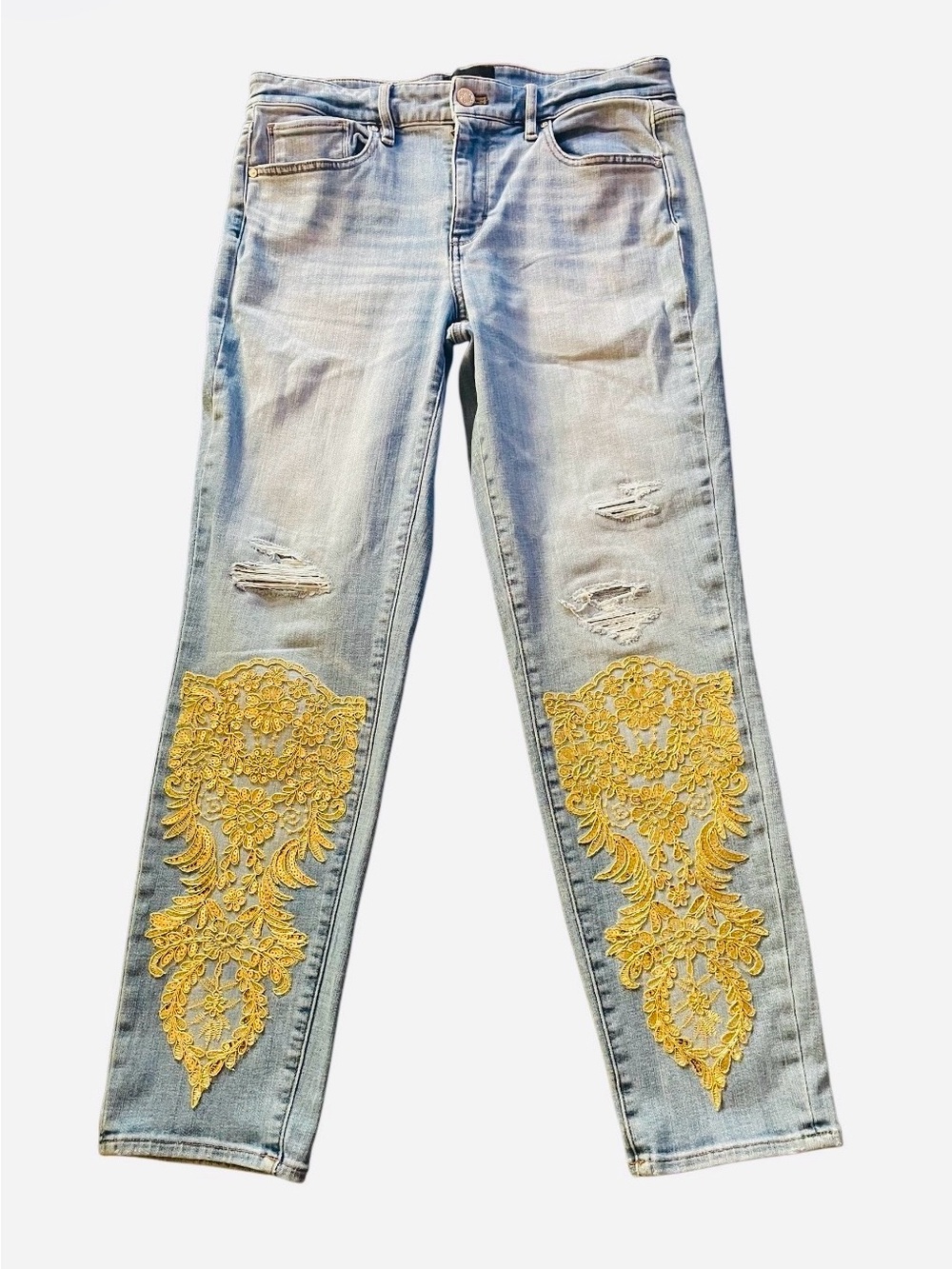 White House Black Market Blue Distressed Sequin Embroidered Lace Custom Jeans 8